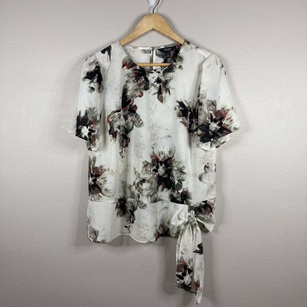 Simply Vera Vera Wang Floral Print Blouse W/ Tie Detail White & Black Size M